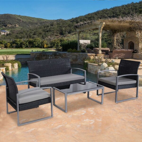 4 Piece Black / Gray Complete Patio Rattan Set with Matching Table - Image 3