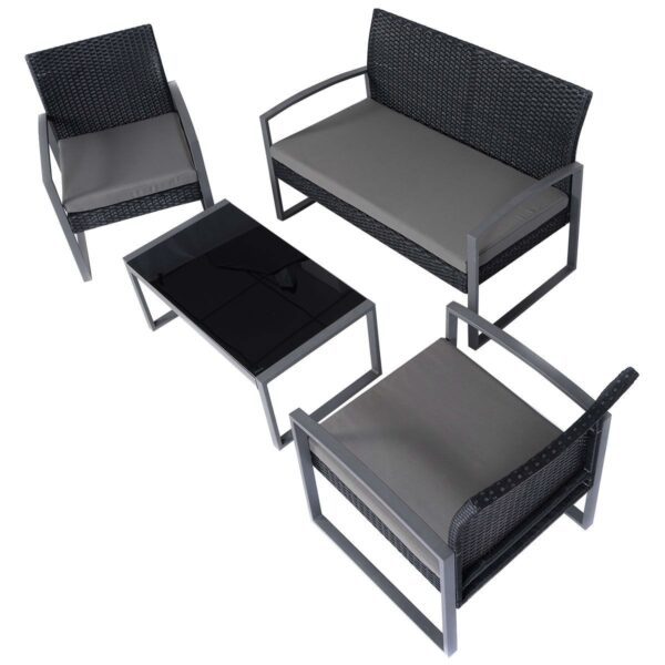 4 Piece Black / Gray Complete Patio Rattan Set with Matching Table - Image 5