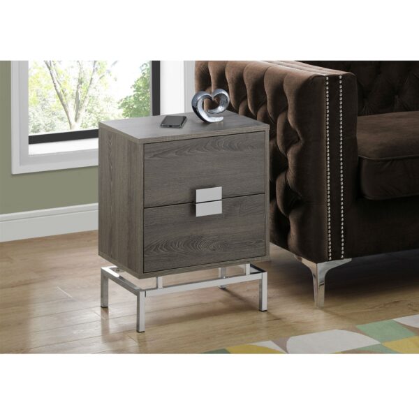 24in Modern 2 Drawer End Table Night Stand Wood Chrome Legs Dark Taupe - Image 2