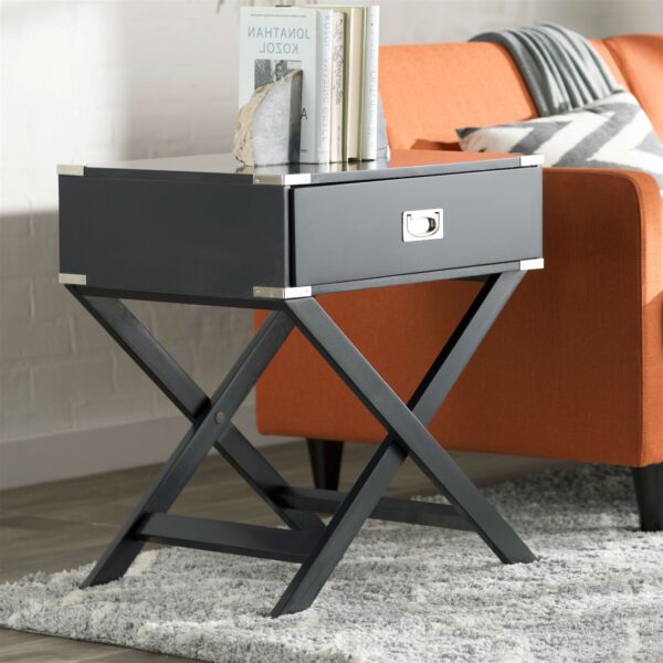 Dark Grey Black 1-Drawer End Table Nightstand with Modern Classic X Style Legs - Image 2
