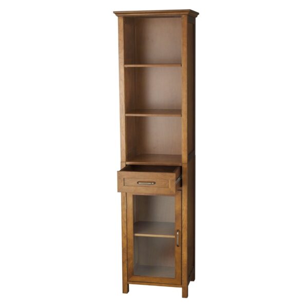 Oak Finish Bathroom Linen Tower Storage Cabinet with Shelves - Image 2