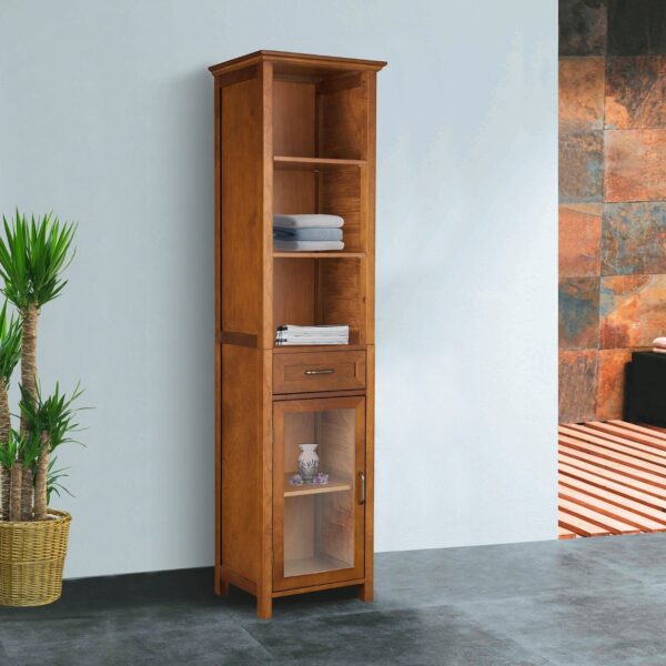 Oak Finish Bathroom Linen Tower Storage Cabinet with Shelves - Image 3