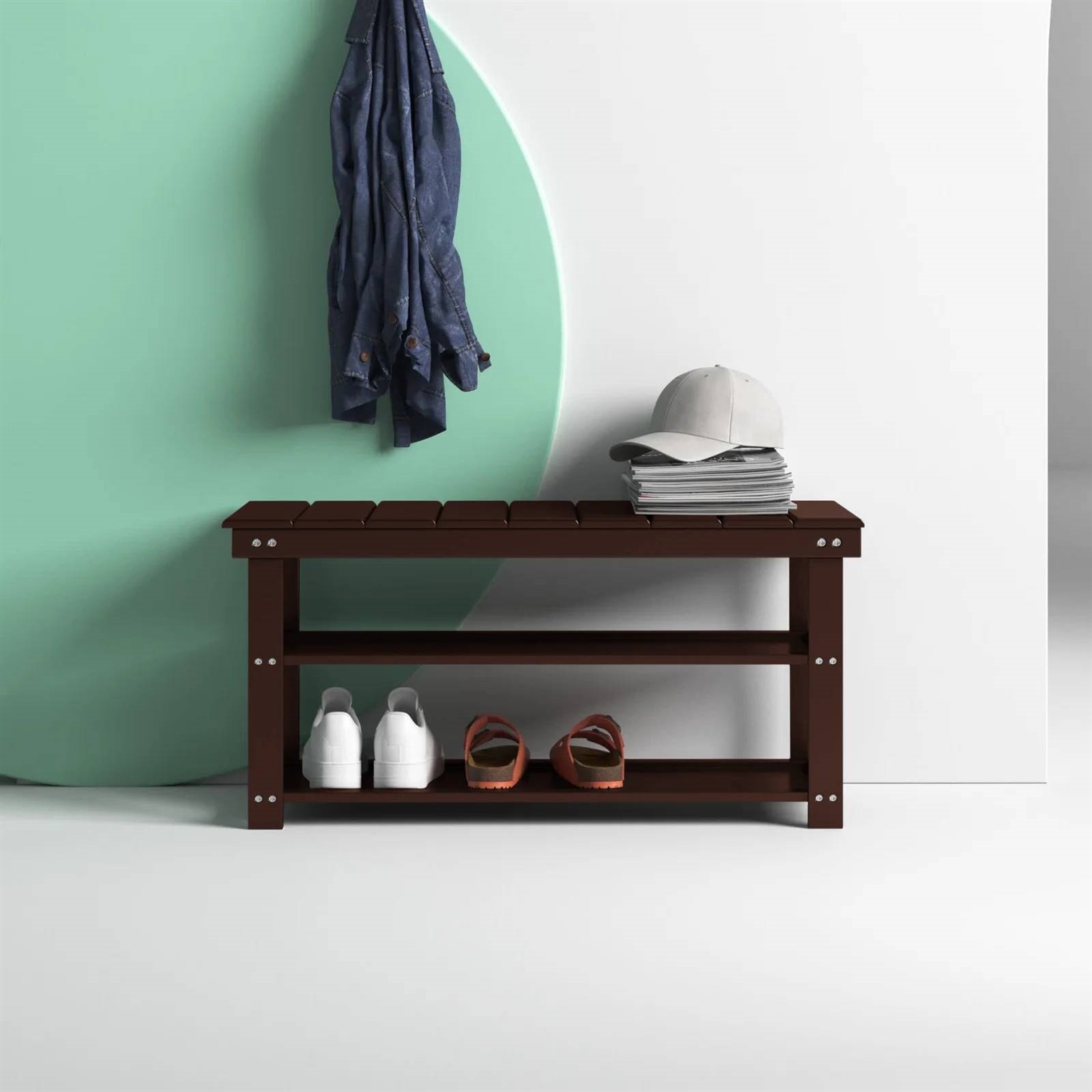 Espresso Brown Wood 2-Shelf Shoe Rack Storage Bench For Entryway or Closet - Image 4