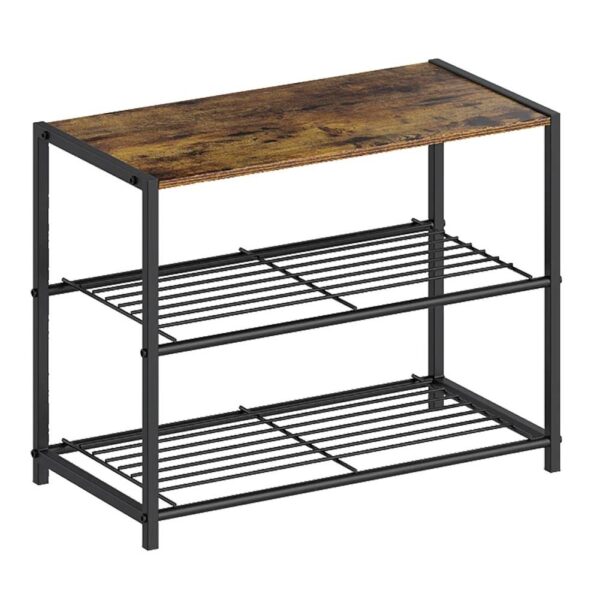 2-Shelf Entryway Shoe Rack Bench with Black Metal Frame and Brown Wood Top - Image 2