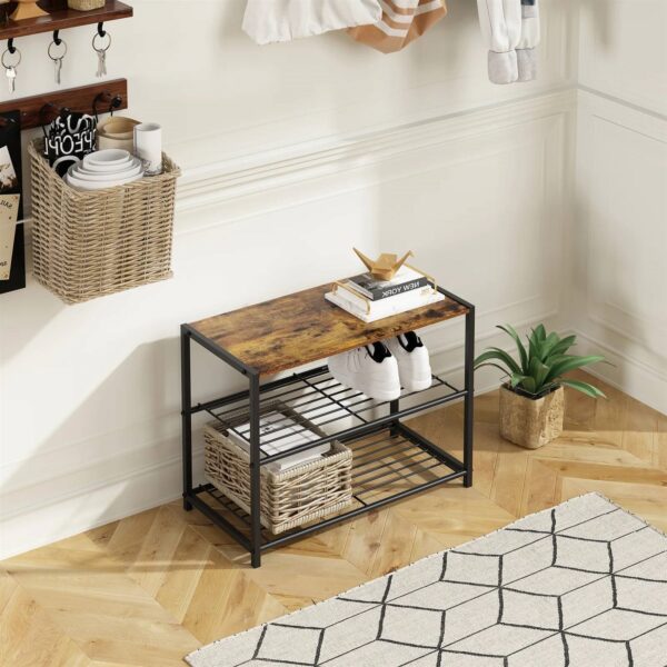 2-Shelf Entryway Shoe Rack Bench with Black Metal Frame and Brown Wood Top - Image 3