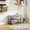 2-Shelf Entryway Shoe Rack Bench with Black Metal Frame and Brown Wood Top - Image 4