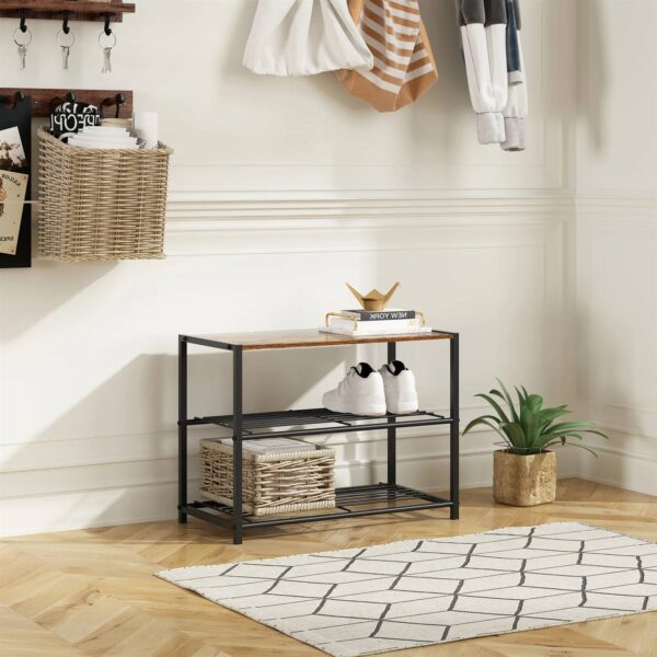 2-Shelf Entryway Shoe Rack Bench with Black Metal Frame and Brown Wood Top - Image 4