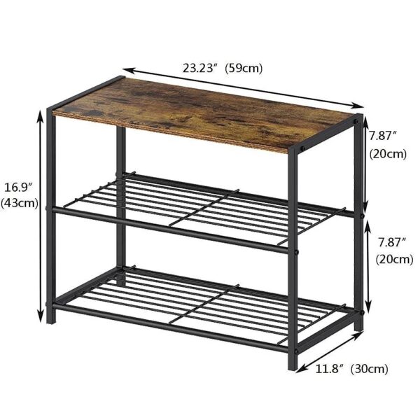 2-Shelf Entryway Shoe Rack Bench with Black Metal Frame and Brown Wood Top - Image 5