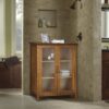 Oak Finish Bathroom Floor Cabinet with 2 Glass Doors & Storage Shelves - Image 3