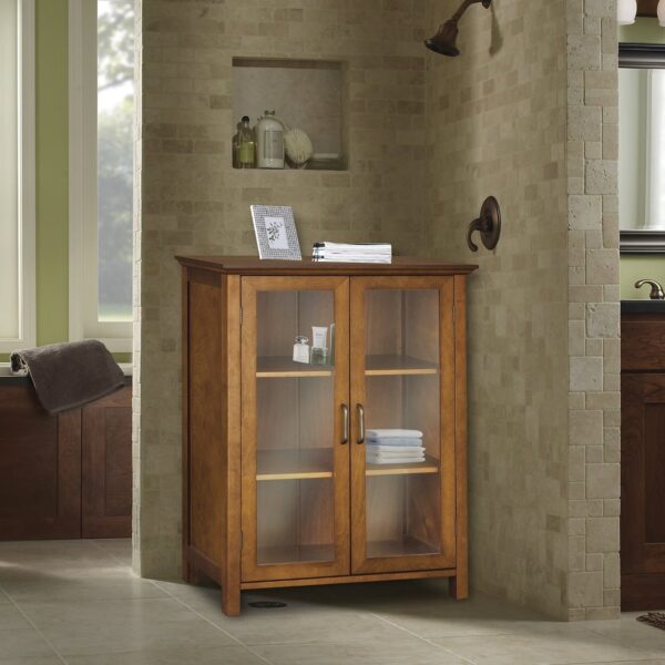 Oak Finish Bathroom Floor Cabinet with 2 Glass Doors & Storage Shelves - Image 3