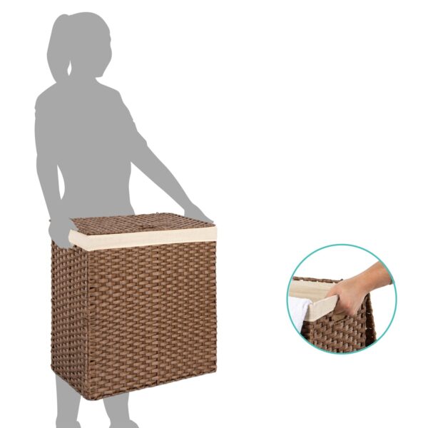 Folding 2-Bin Brown PE Wicker Linen Liner Laundry Hamper w/ Handles - Image 2