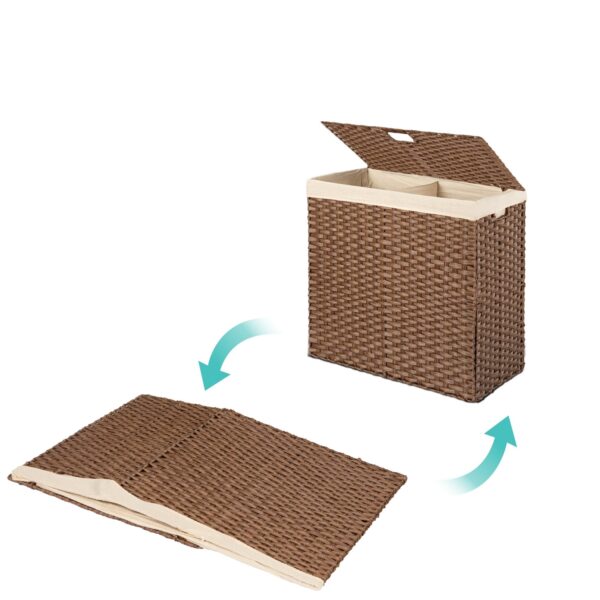 Folding 2-Bin Brown PE Wicker Linen Liner Laundry Hamper w/ Handles - Image 3