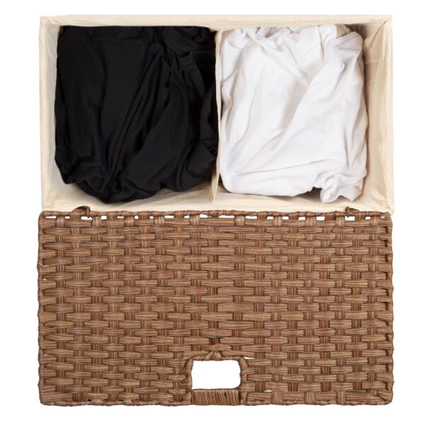 Folding 2-Bin Brown PE Wicker Linen Liner Laundry Hamper w/ Handles - Image 4