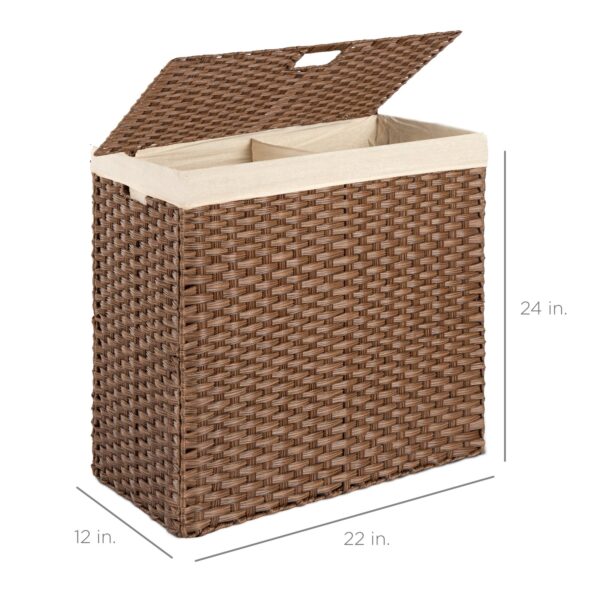 Folding 2-Bin Brown PE Wicker Linen Liner Laundry Hamper w/ Handles - Image 5