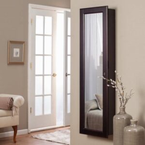 Wall Mounted Locking Jewelry Armoire with Mirror in Espresso Wood Finish