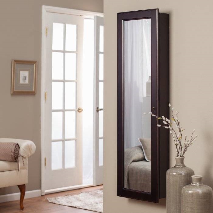 Wall Mounted Locking Jewelry Armoire with Mirror in Espresso Wood Finish