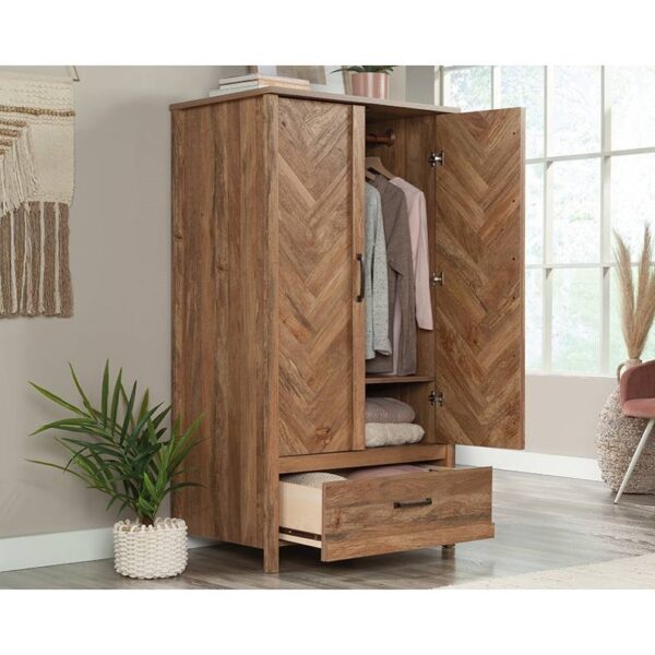 FarmHouse Rustic Herringbone 1 Drawer Garment Rod Wardrobe Armoire - Image 2