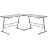 Modern Silver Metal L-Shaped Desk with Glass Top and Floor Glides