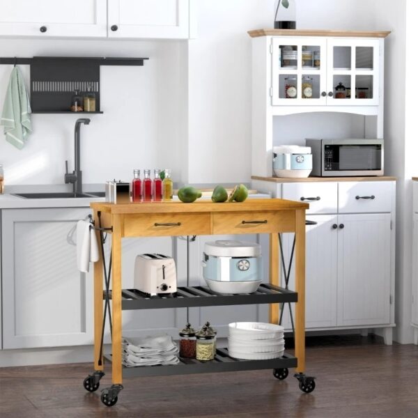 FarmHouse Rolling Kitchen Island 2 Drawers Storage with Butcher Block Rubberwood Top - Image 4