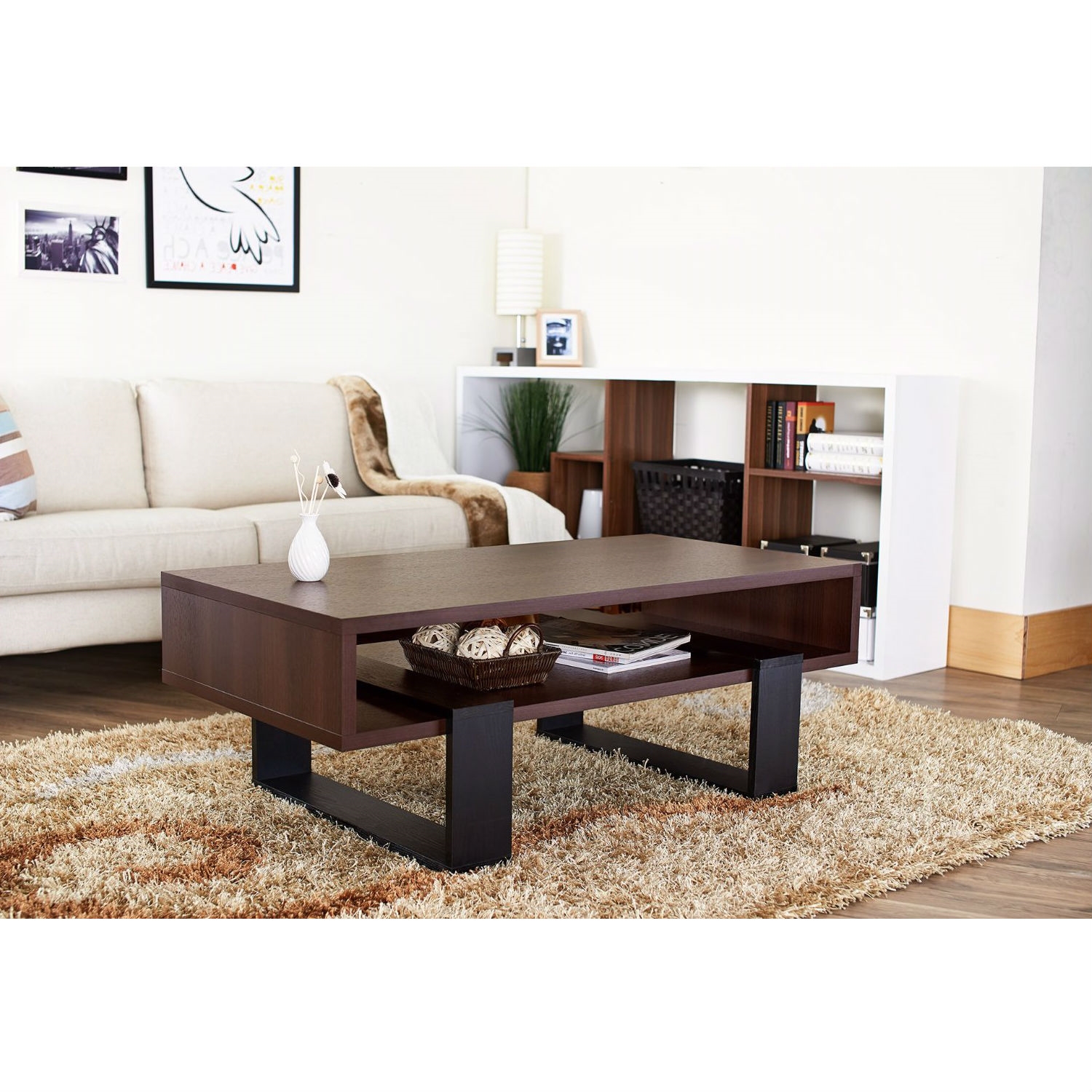 Modern Coffee Table in Black and Walnut Brown Finish - Image 3