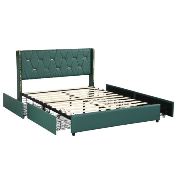 Full Size Green/Gold Linen Headboard 4 Drawer Storage Platform Bed - Image 2