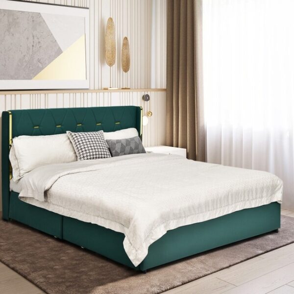 Full Size Green/Gold Linen Headboard 4 Drawer Storage Platform Bed - Image 3