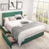Full Size Green/Gold Linen Headboard 4 Drawer Storage Platform Bed - Image 4
