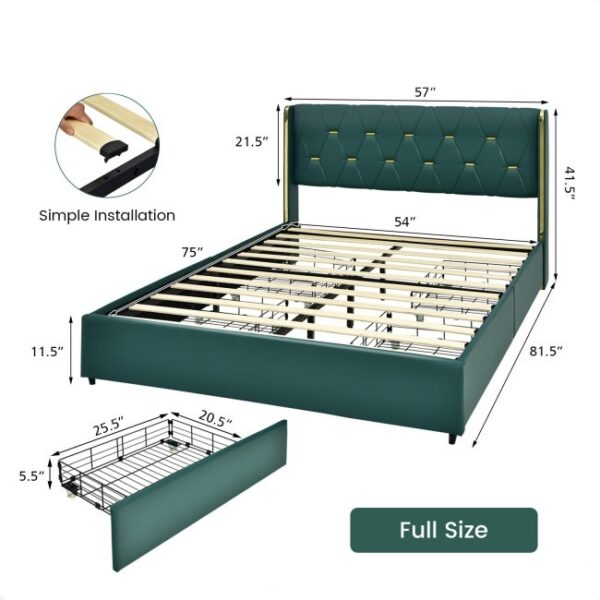 Full Size Green/Gold Linen Headboard 4 Drawer Storage Platform Bed - Image 5