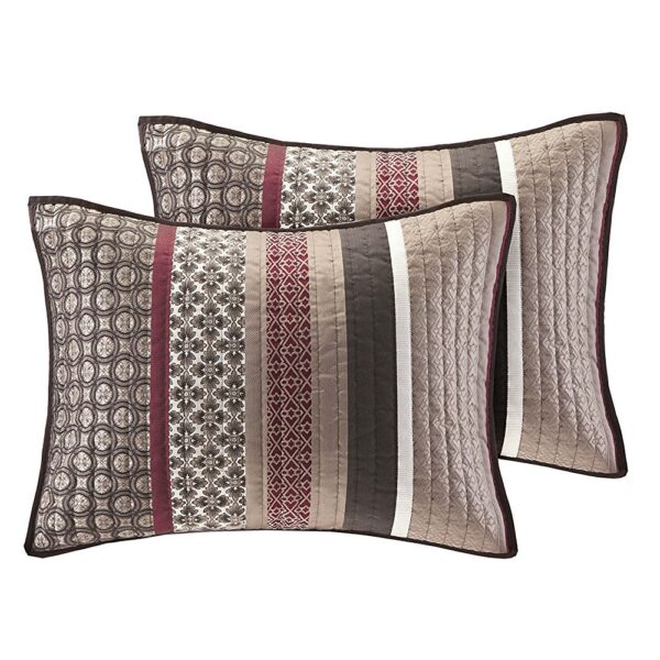 Full / Queen Red Cream Espresso Leaf Stripped 5-Piece Quilt Coverlet Set - Image 3