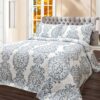 Full / Queen 3-Piece Reversible Cotton Quilt Set with White Blue Floral Medallion Pattern - Image 2