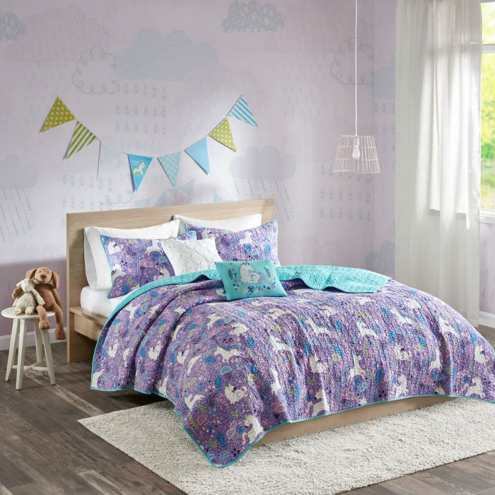 Full/Queen 100% Cotton Kids Teal Purple Unicorn Quilt Coverlet Bedspread Set - Image 2