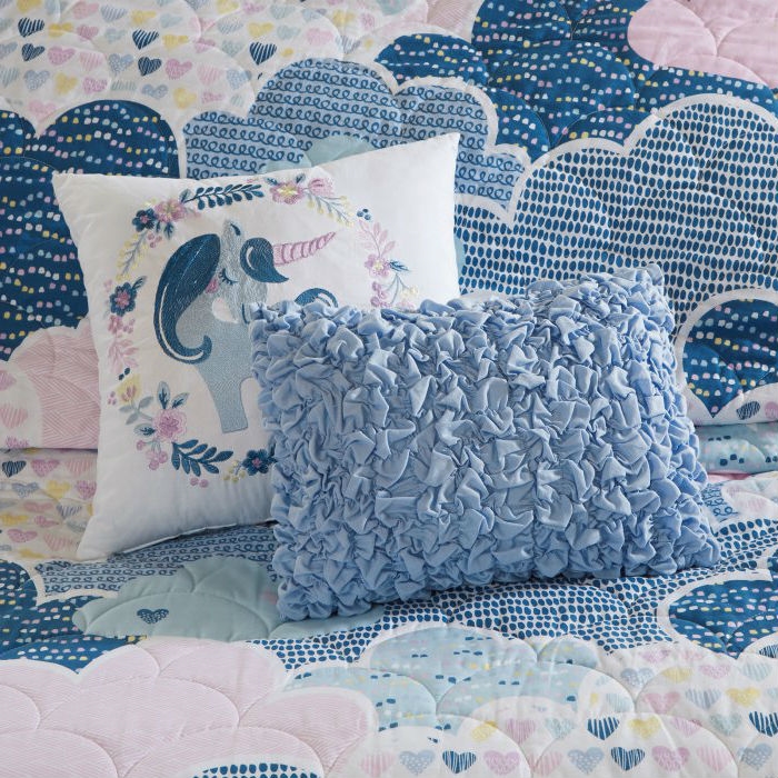 Twin/Twin XL Kids Blue Pink Unicorn Clouds Quilt Coverlet Bedspread Set - Image 3