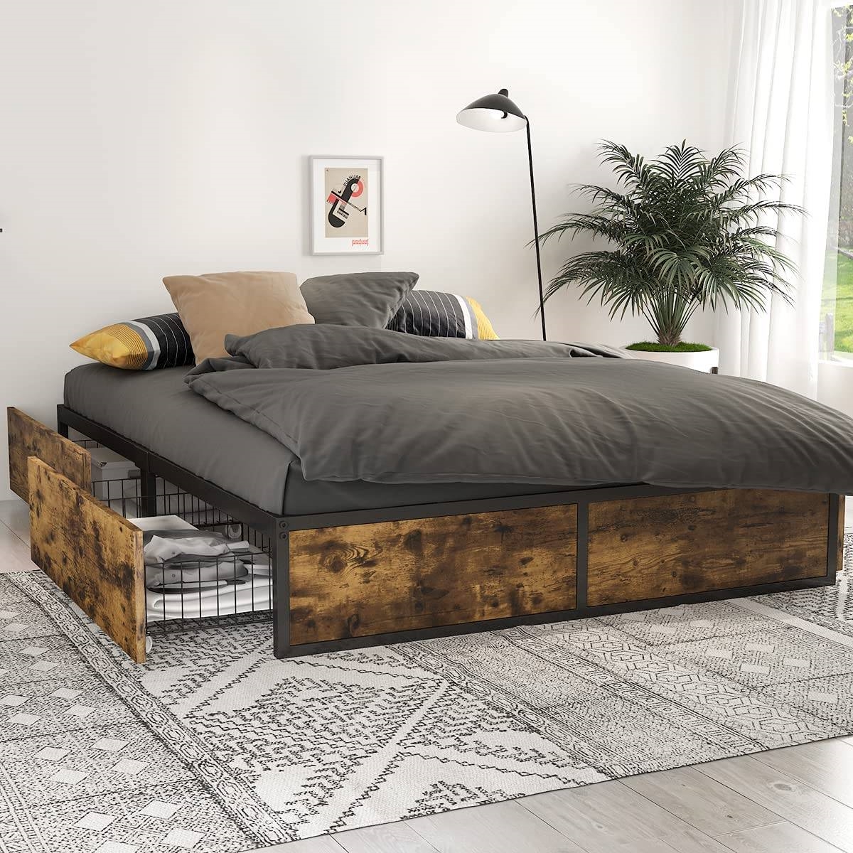 Full Metal Wood Platform Bed Frame with 4 Storage Drawers - 600 lbs Max Weight - Image 3