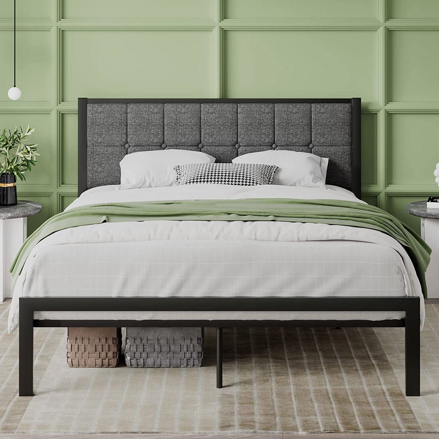 Full Metal Platform Bed Frame with Gray Button Tufted Upholstered Headboard - Image 2