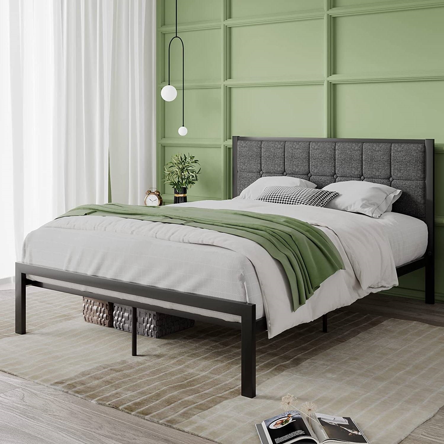 Full Metal Platform Bed Frame with Gray Button Tufted Upholstered Headboard - Image 4