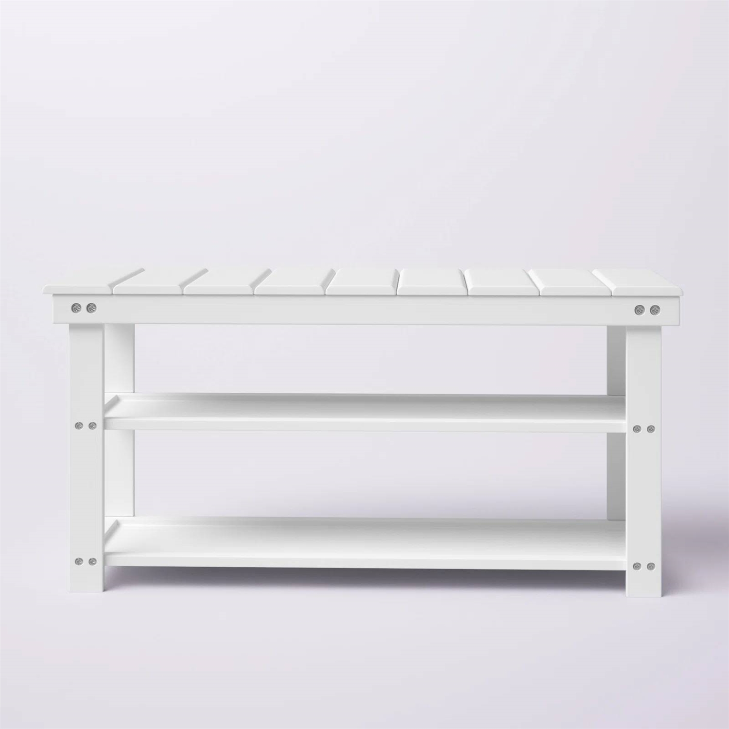 White Slatted Wood 2-Shelf Shoe Rack Storage Bench For Entryway or Closet - Image 3