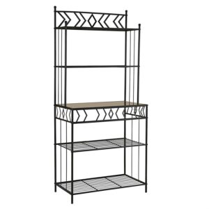 Kitchen Bakers Rack in Black Metal with Marble Finish Top