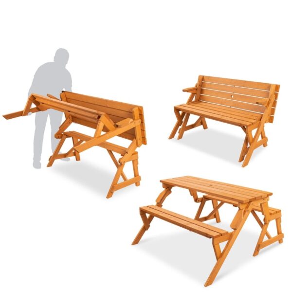 Outdoor Interchangeable 2 in 1 Multi-Use Wooden Picnic Table Garden Bench Umbrella Hole - Image 2