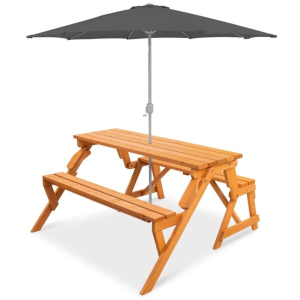 Outdoor Interchangeable 2 in 1 Multi-Use Wooden Picnic Table Garden Bench Umbrella Hole - Image 5