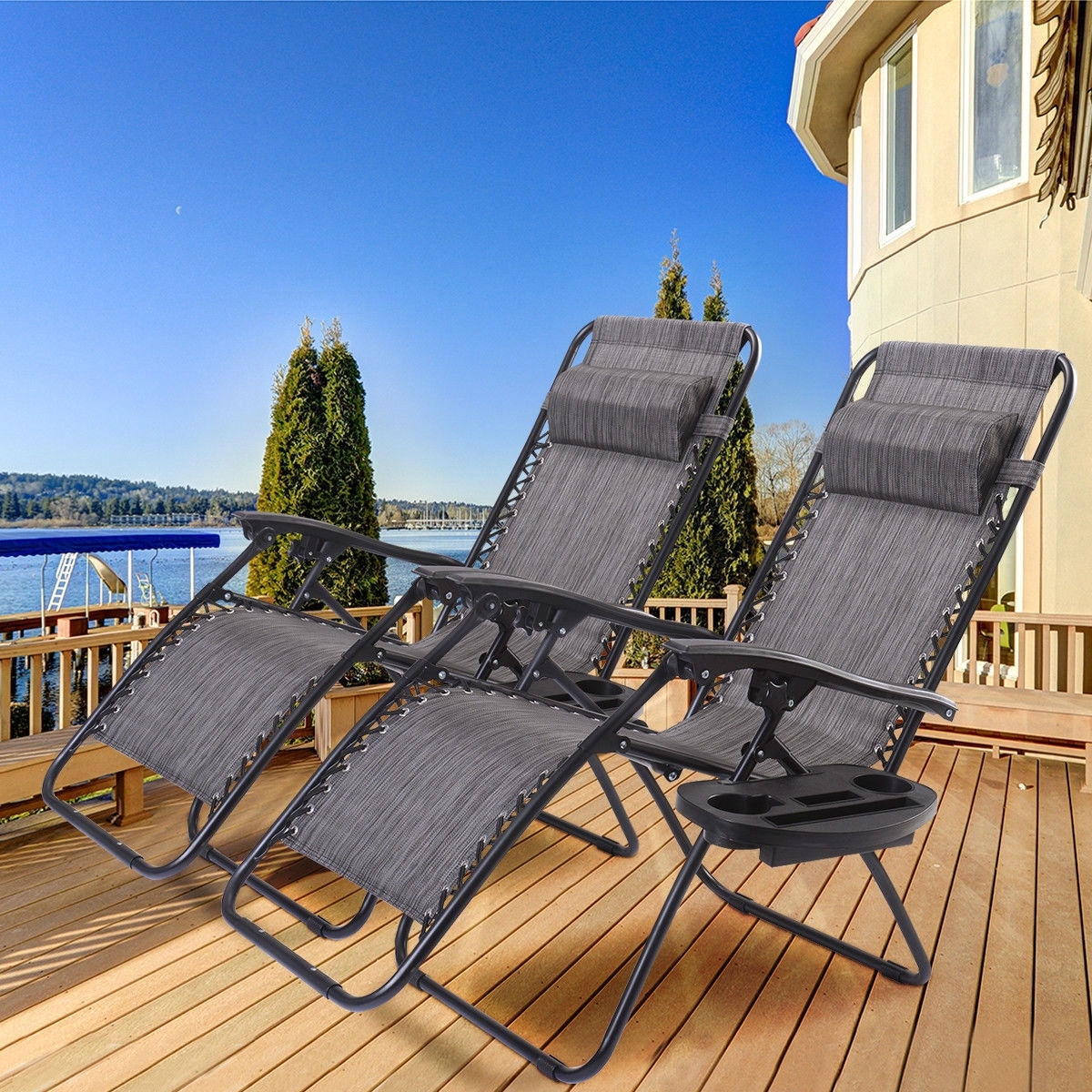 Set of 2 Grey Folding Outdoor Zero Gravity Lounge Chair Recliner - Image 5