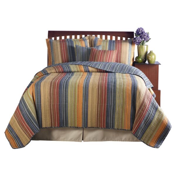 Full / Queen 100% Cotton Quilt Set with Red Orange Blue Brown Stripes - Image 2