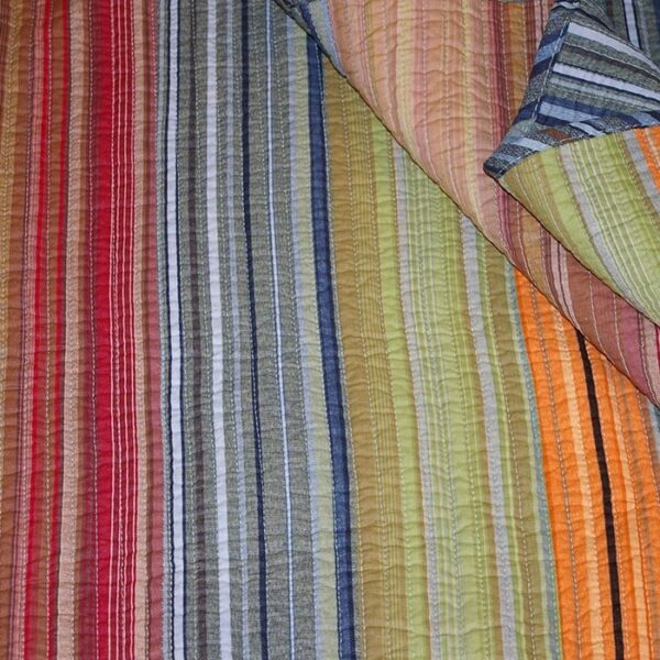 Full / Queen 100% Cotton Quilt Set with Red Orange Blue Brown Stripes - Image 3