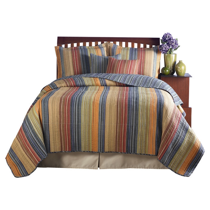King size 100% Cotton Quilt Set with Brown Orange Red Blue Stripes - Image 2