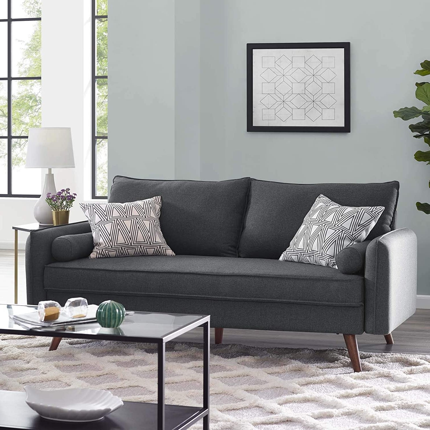 Modern Grey Fabric Upholstered Sofa with Mid-Century Style Wood Legs - Image 2