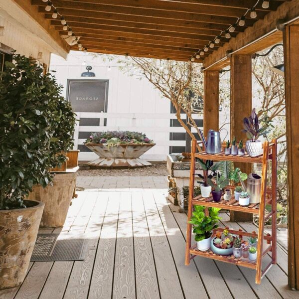 Indoor Outdoor Solid Wood 3 Shelf Folding Plant Stand Planter Shelves - Image 3