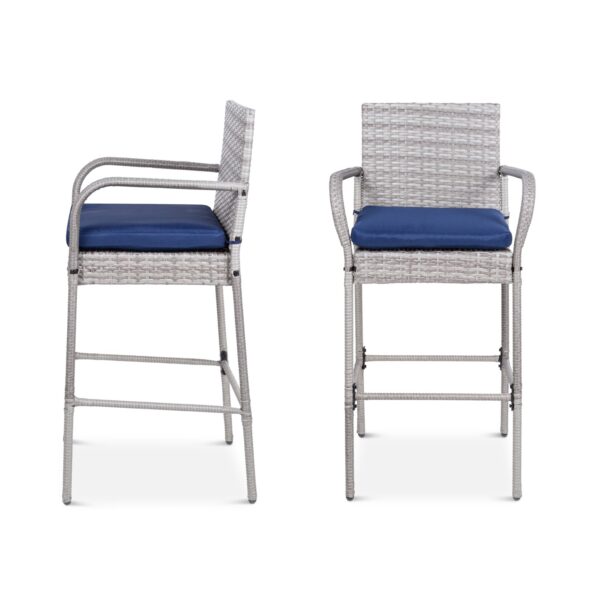 Set of 2 Grey Indoor/Outdoor Wicker Bar Stools w/ 2 Blue Cushions - Image 2