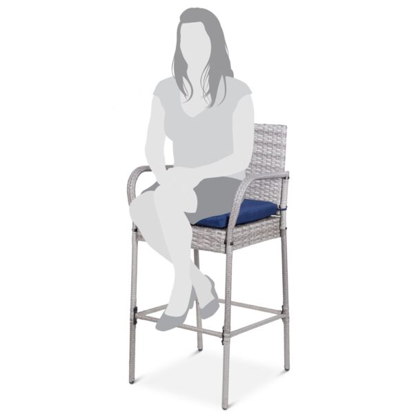 Set of 2 Grey Indoor/Outdoor Wicker Bar Stools w/ 2 Blue Cushions - Image 3