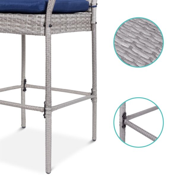 Set of 2 Grey Indoor/Outdoor Wicker Bar Stools w/ 2 Blue Cushions - Image 4