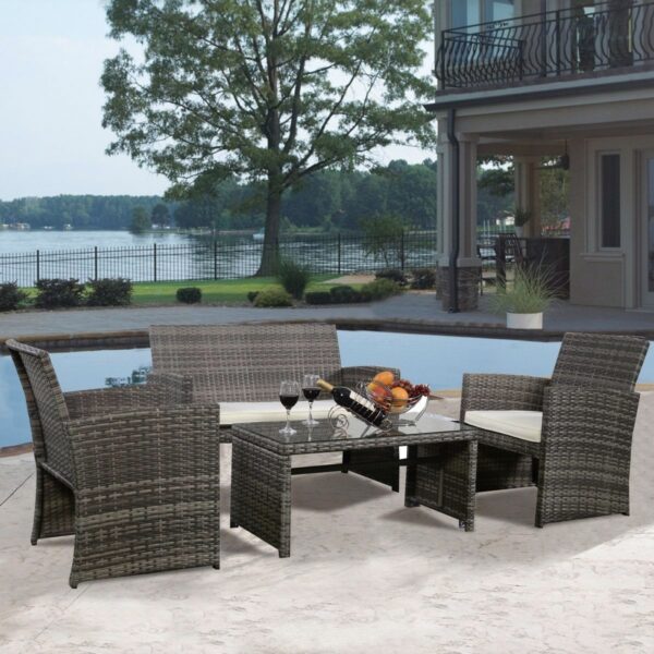 Grey Resin Wicker Rattan 4-Piece Patio Furniture Set with Seat Cushions - Image 2