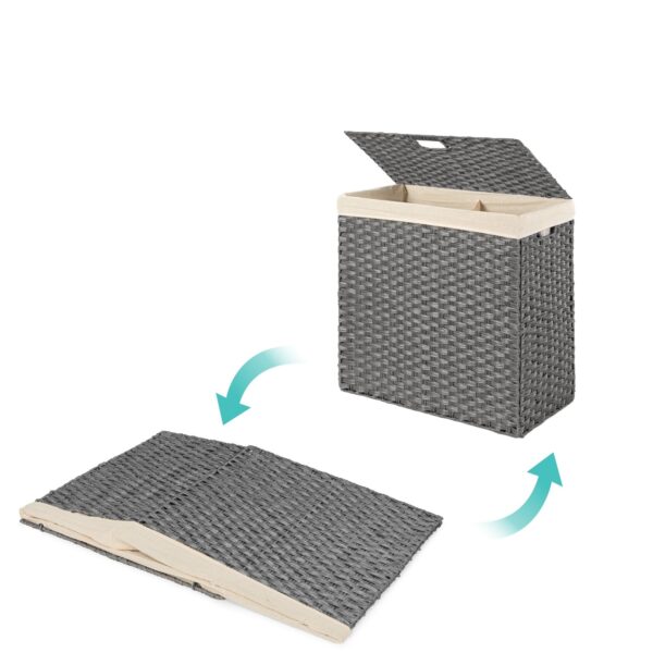 Folding 2-Bin Grey PE Wicker Linen Liner Laundry Hamper w/ Handles - Image 2